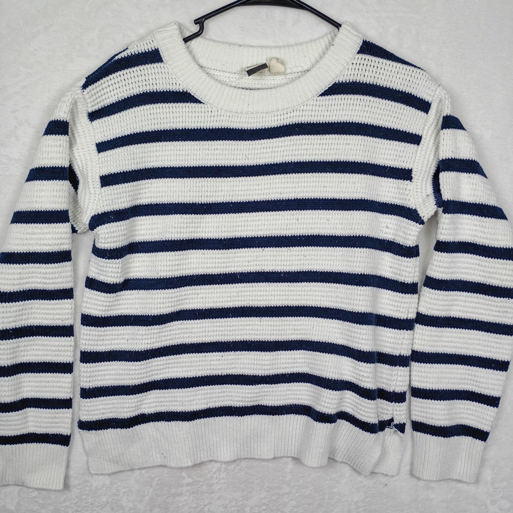 Roxy Womens Striped Knit Sweater Navy Blue White Crewneck Nautical Size Medium